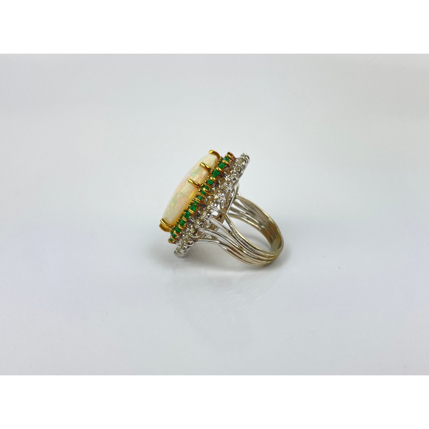 14K Gold Opal Cabochon Diamond Emerald Ring