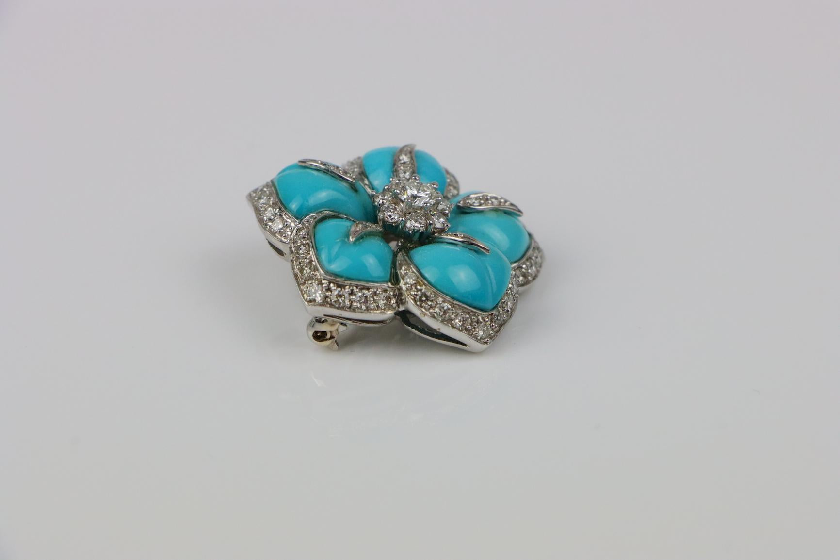 Vintage 14K Gold Turquoise Diamond Flower Brooch