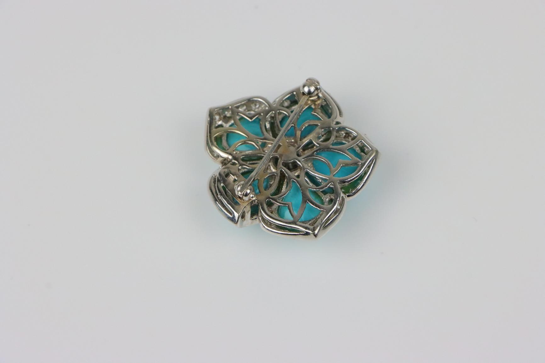 Vintage 14K Gold Turquoise Diamond Flower Brooch