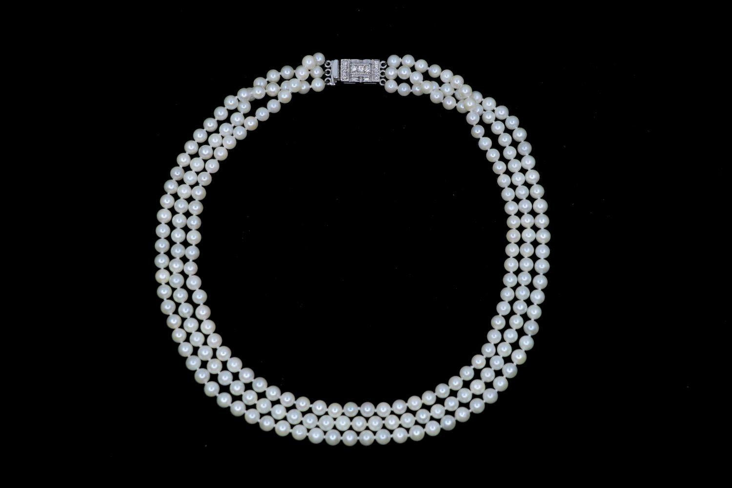 Vintage 14K White Gold Diamond Muti-Stand Pearl Necklace