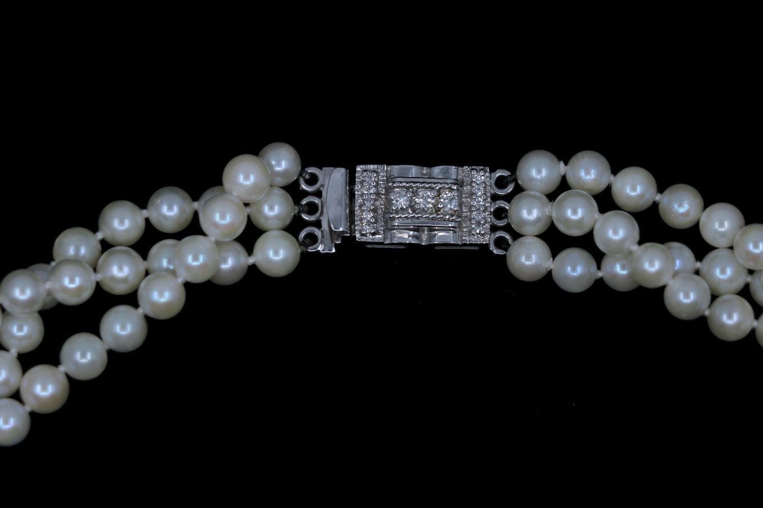 Vintage 14K White Gold Diamond Muti-Stand Pearl Necklace