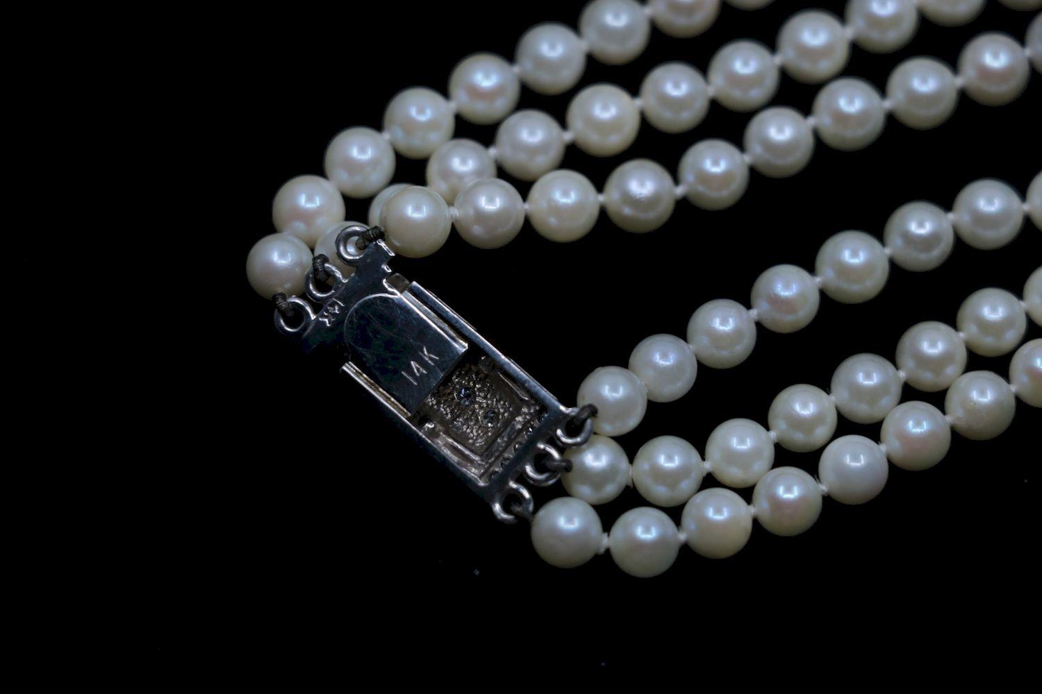 Vintage 14K White Gold Diamond Muti-Stand Pearl Necklace
