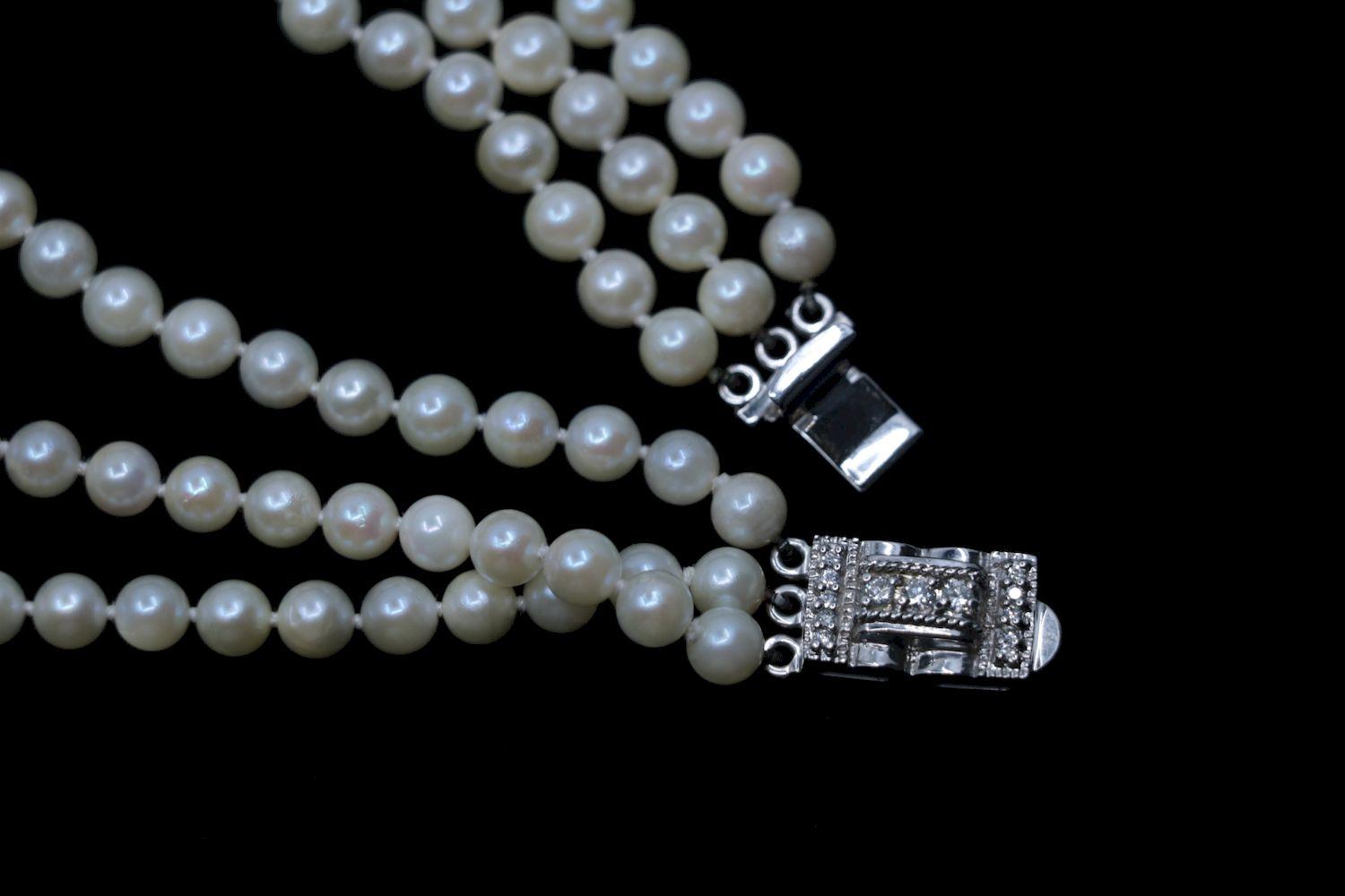 Vintage 14K White Gold Diamond Muti-Stand Pearl Necklace
