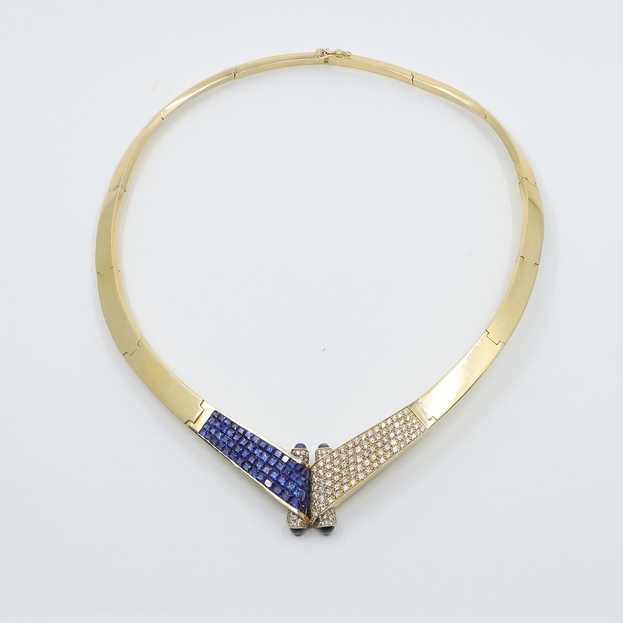 Vintage 18K Gold Sapphire Diamond Torque Necklace