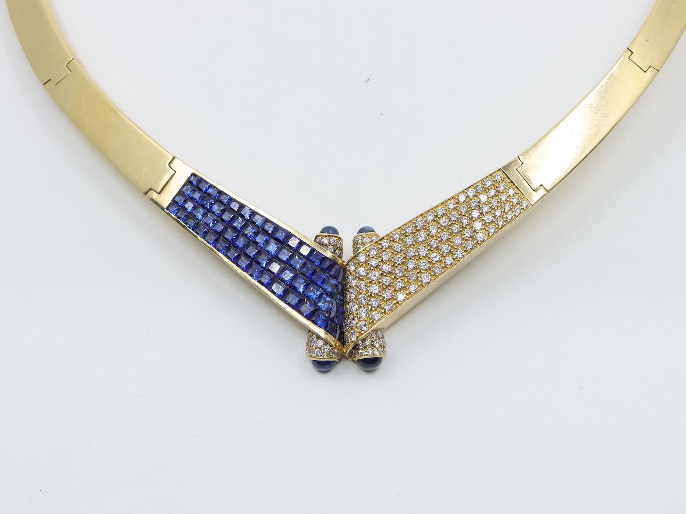 Vintage 18K Gold Sapphire Diamond Torque Necklace