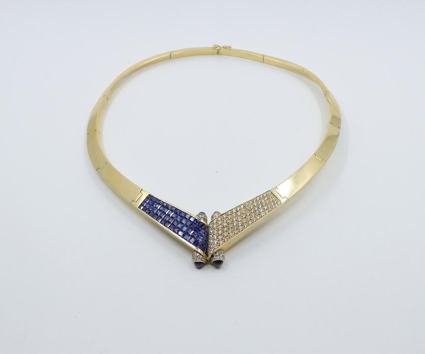 Vintage 18K Gold Sapphire Diamond Torque Necklace