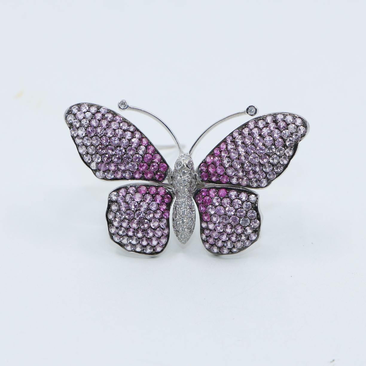 Vintage 18K White Gold Pink Sapphire Diamond Butterfly Brooch Pin