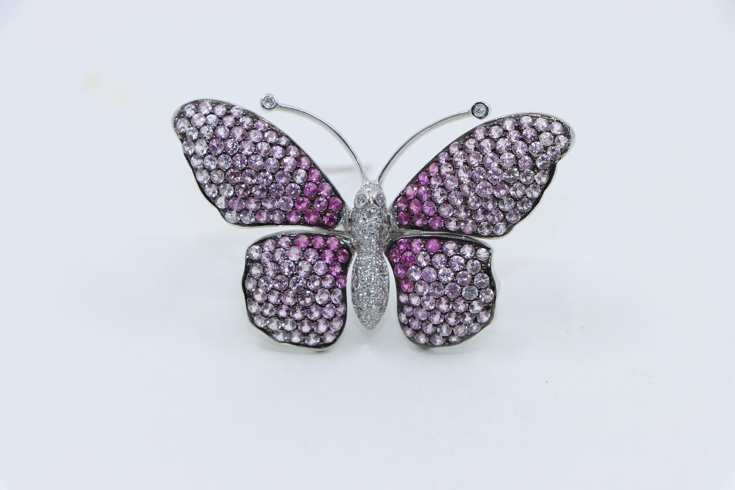 Vintage 18K White Gold Pink Sapphire Diamond Butterfly Brooch Pin