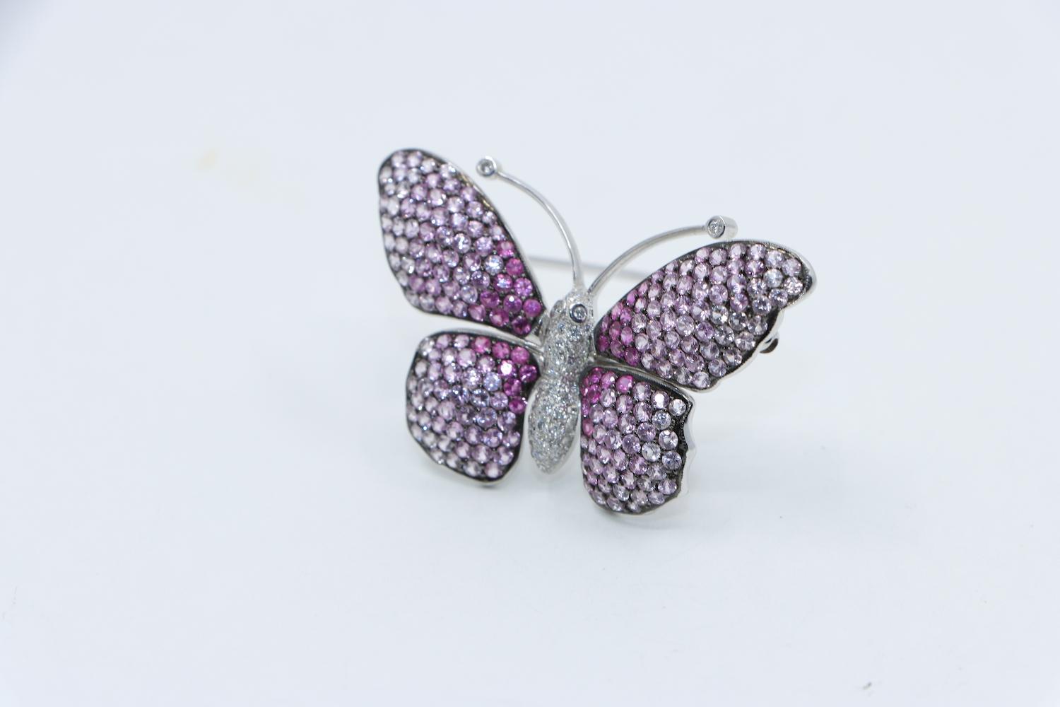 Vintage 18K White Gold Pink Sapphire Diamond Butterfly Brooch Pin