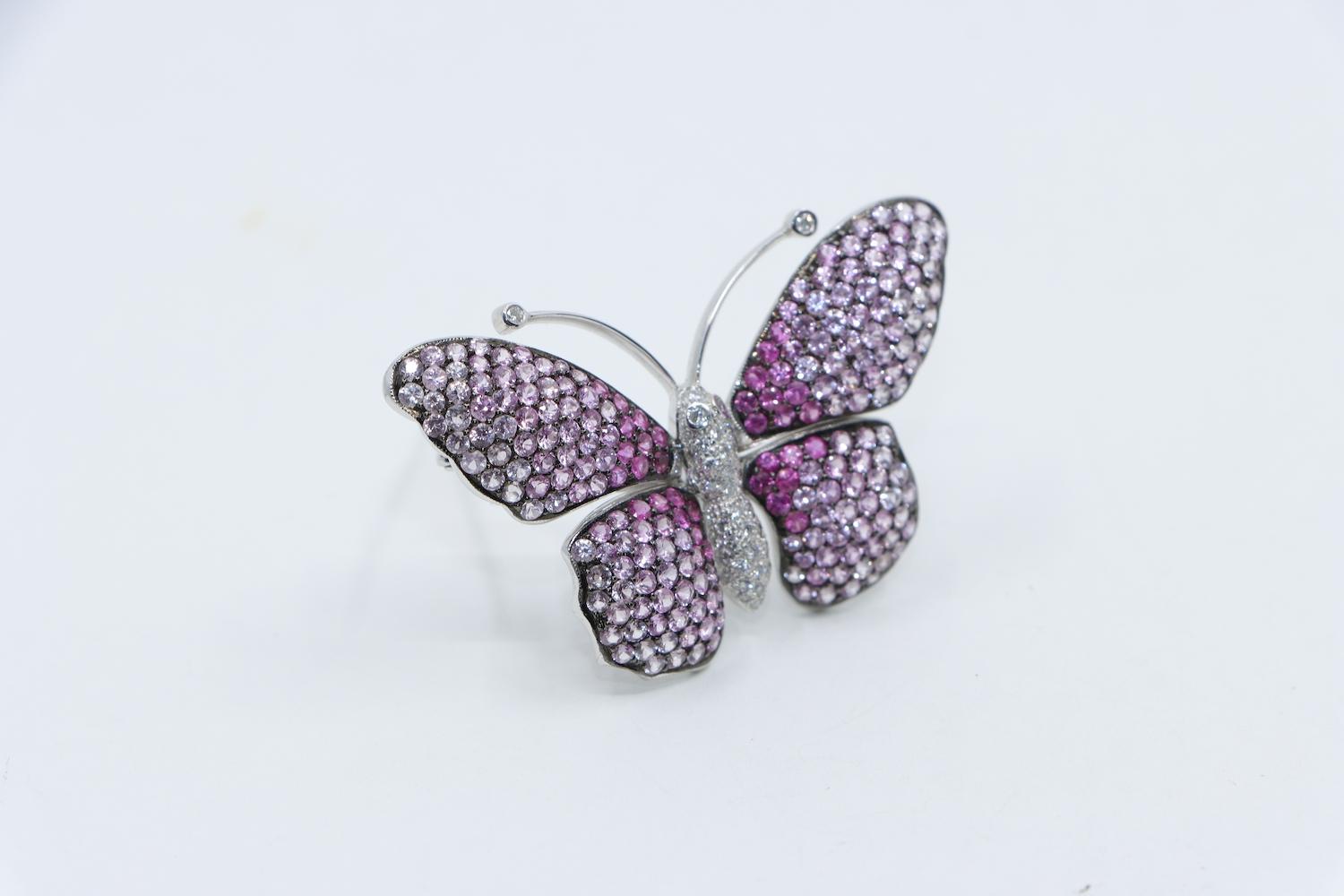 Vintage 18K White Gold Pink Sapphire Diamond Butterfly Brooch Pin