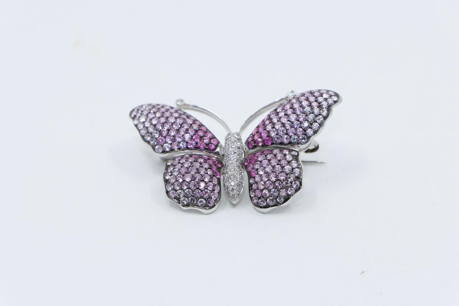 Vintage 18K White Gold Pink Sapphire Diamond Butterfly Brooch Pin