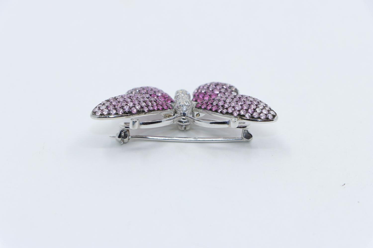 Vintage 18K White Gold Pink Sapphire Diamond Butterfly Brooch Pin