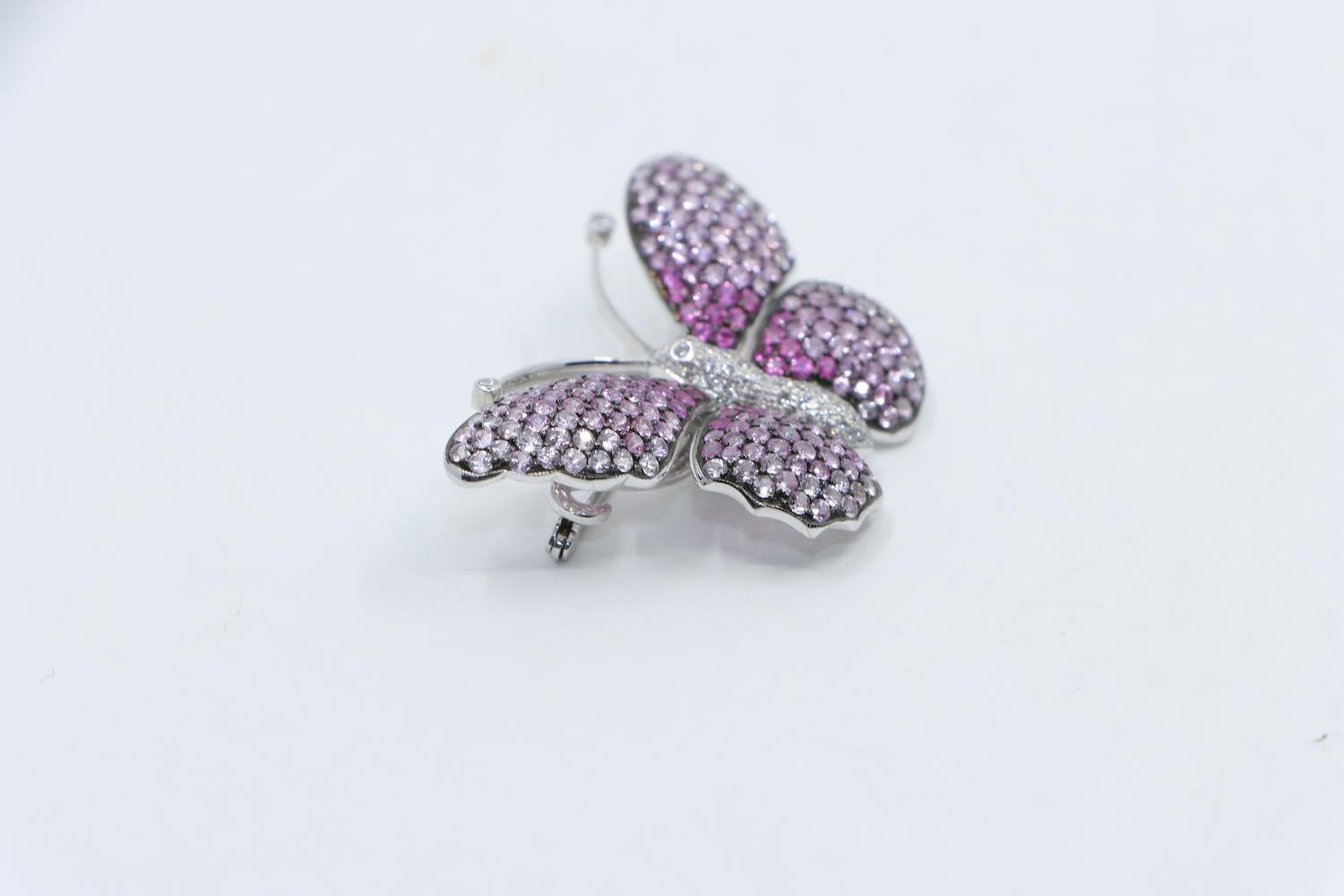 Vintage 18K White Gold Pink Sapphire Diamond Butterfly Brooch Pin