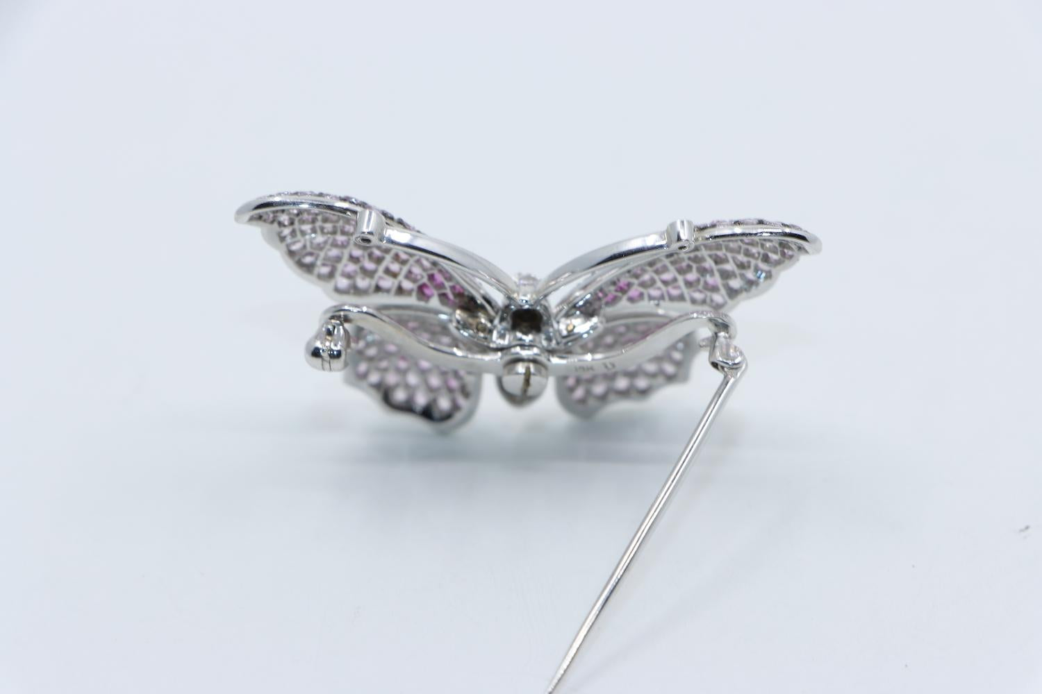 Vintage 18K White Gold Pink Sapphire Diamond Butterfly Brooch Pin