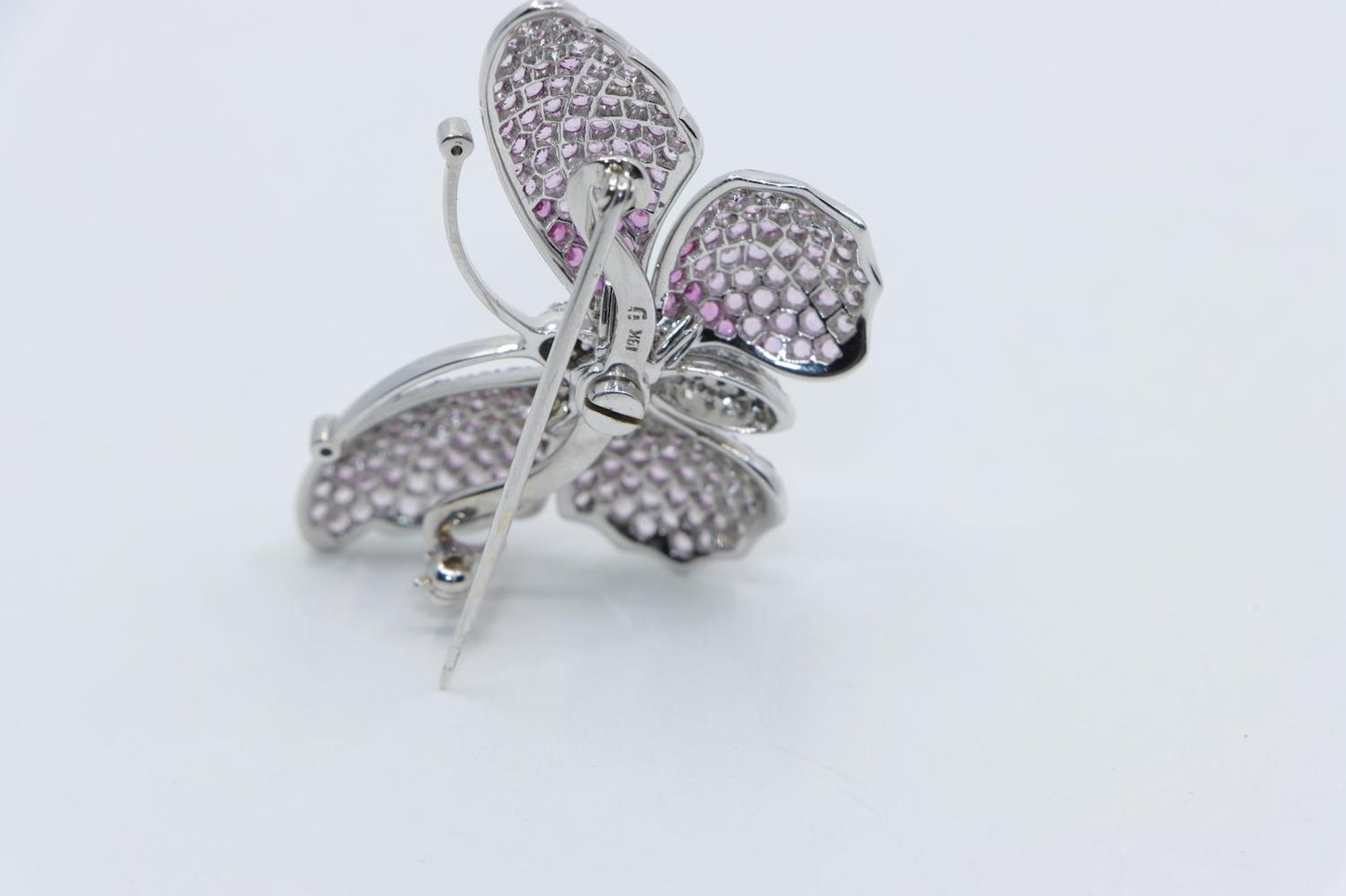 Vintage 18K White Gold Pink Sapphire Diamond Butterfly Brooch Pin