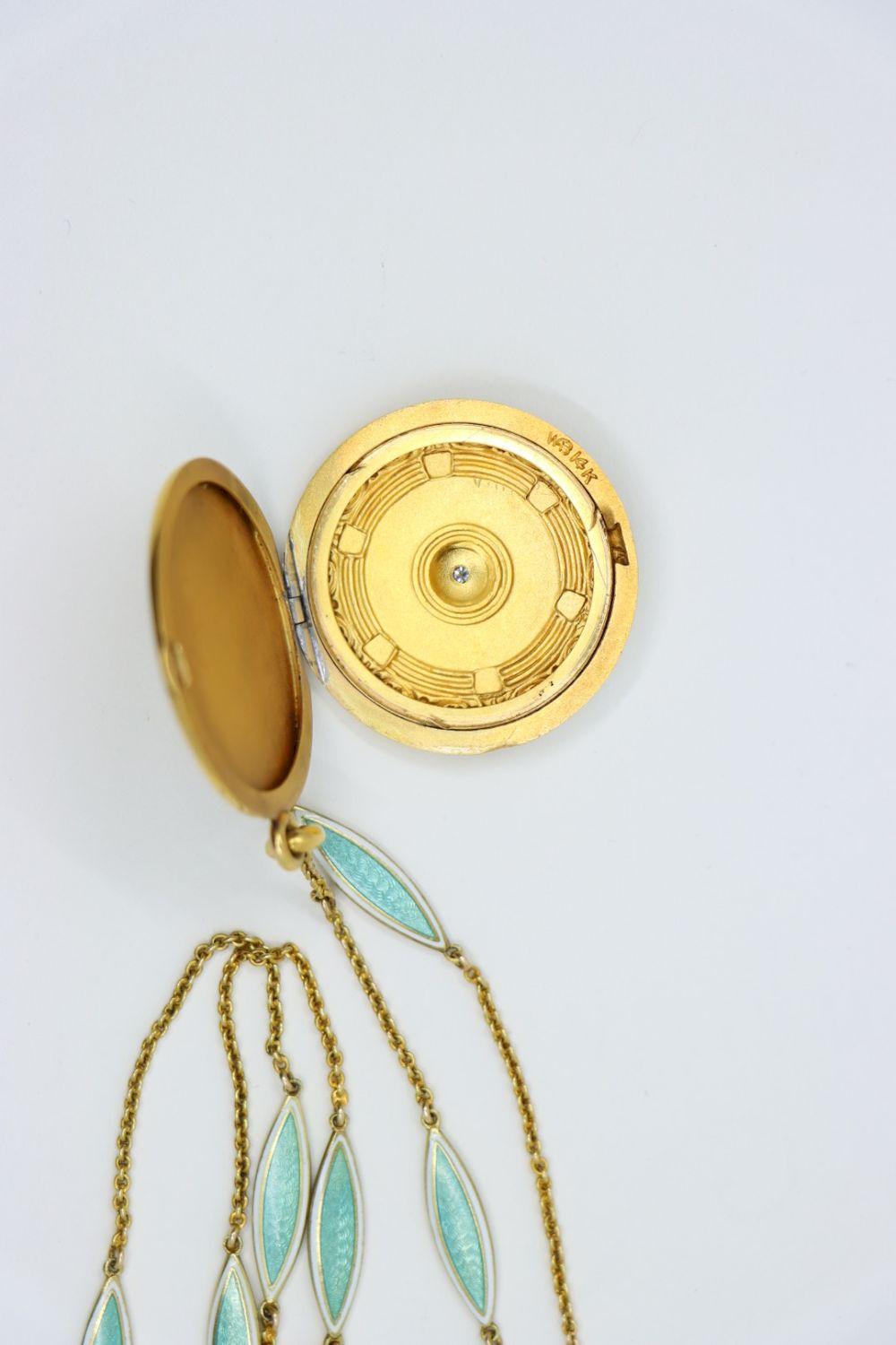Vintage 14K Gold Diamond Mint Green Guilloche Locket Necklace
